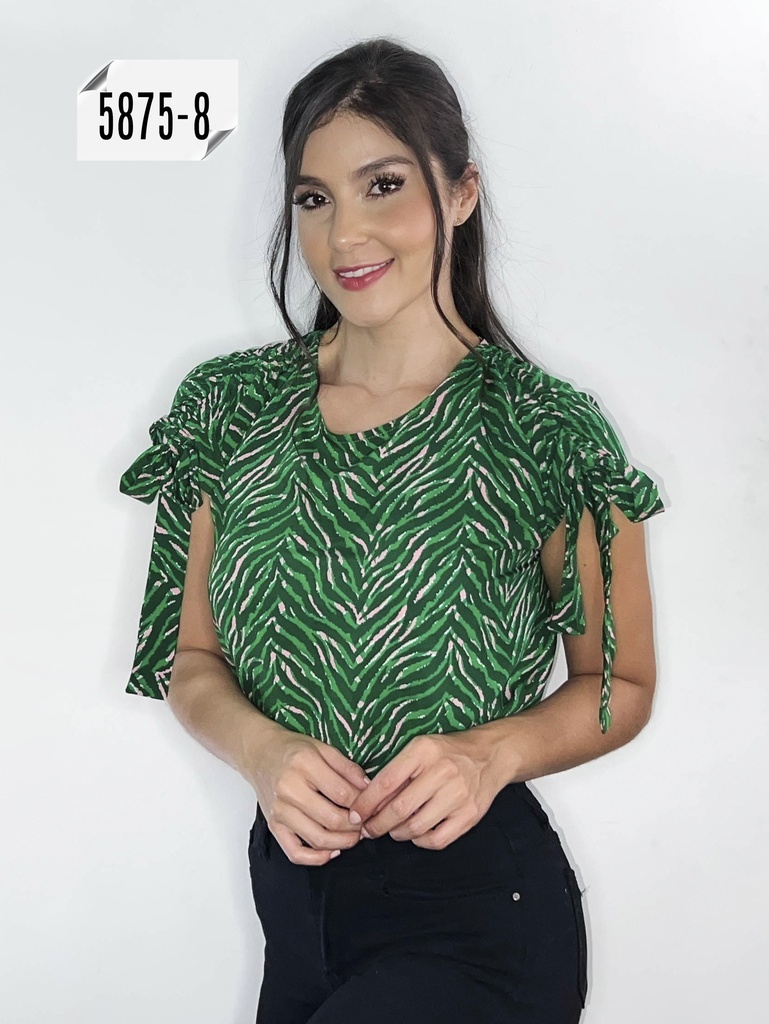 Blusa con Amarre en las Mangas Estampado Cebra Verde para Mujer 5875-8