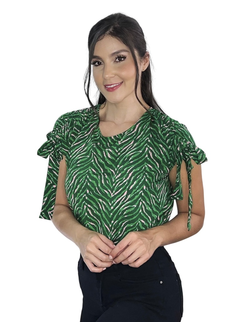 Women's Green Zebra Print Tie-Sleeve Blouse 5875-8