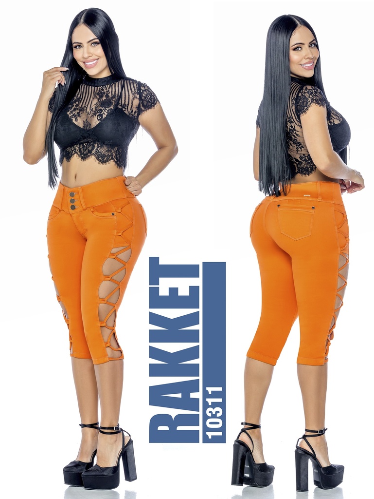 Jeans Capri Cordones Laterales Levantacola Naranja para Mujer 10311
