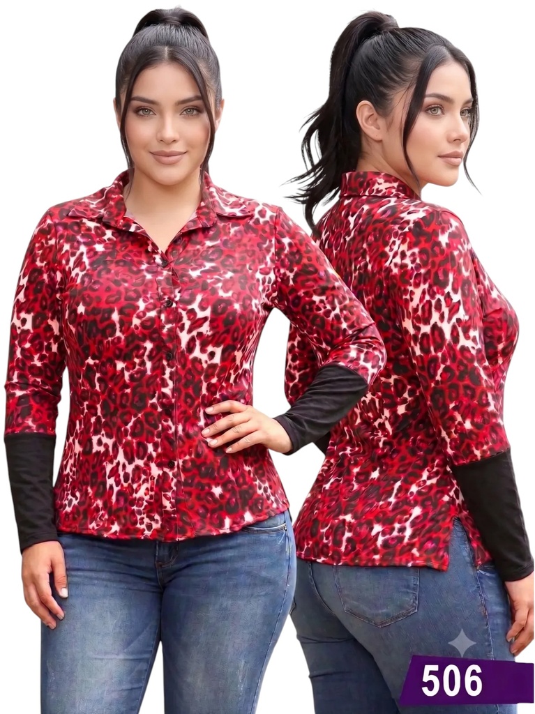 [107506S] Blusa Abotonada Manga Larga Estampado Rojo para Mujer 506