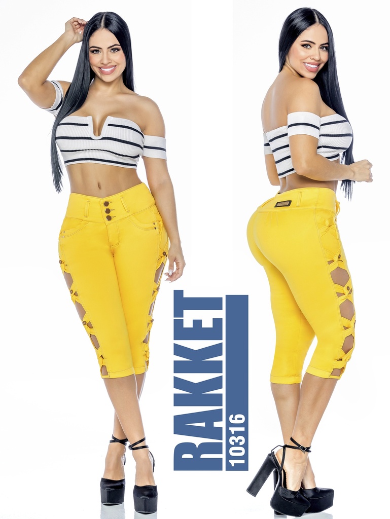 Women's Yellow Side Lace-Up Butt Lift Capri Jeans 10316
