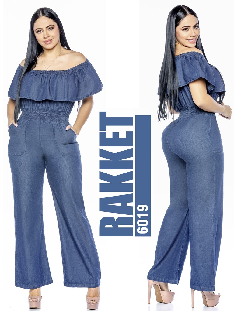 Women's Medium Denim Off Shoulder Ruffle Wide Leg Jumpsuit 6019