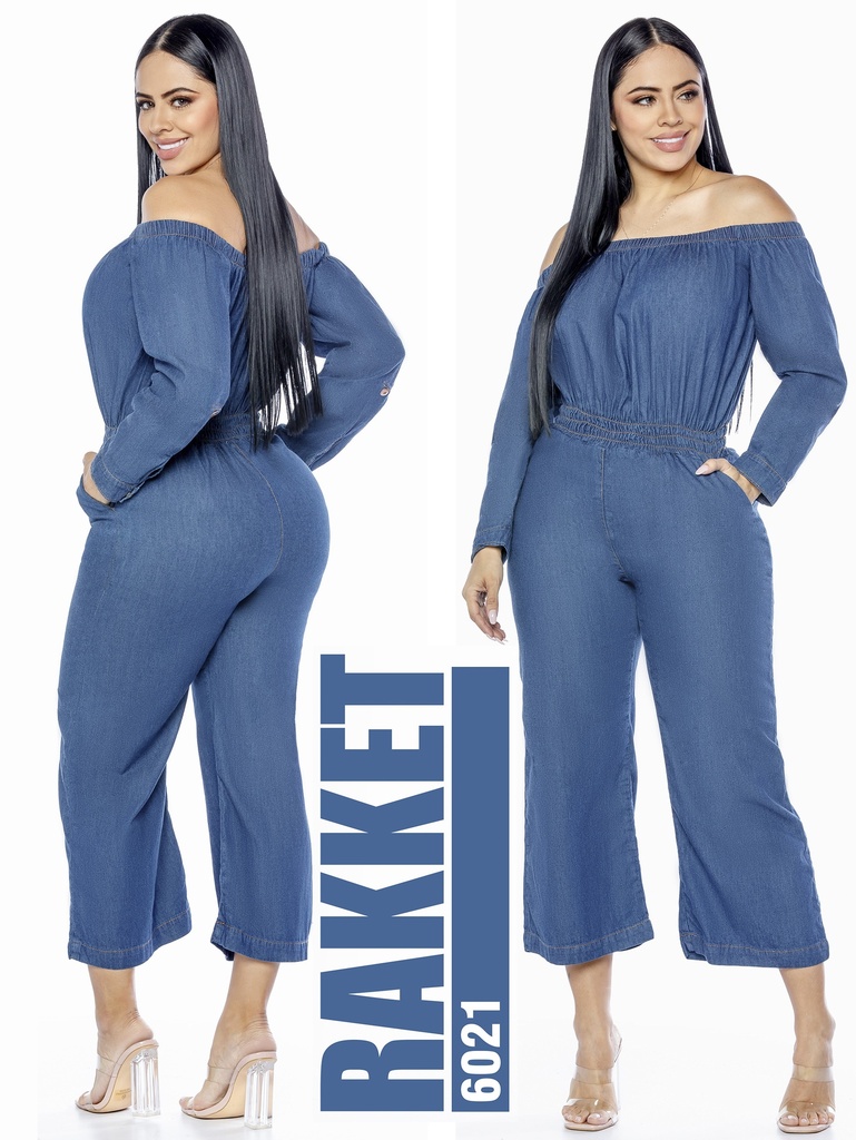 [2616021RS] Women's Medium Denim Off Shoulder Culotte Jumpsuit 6021 (S)