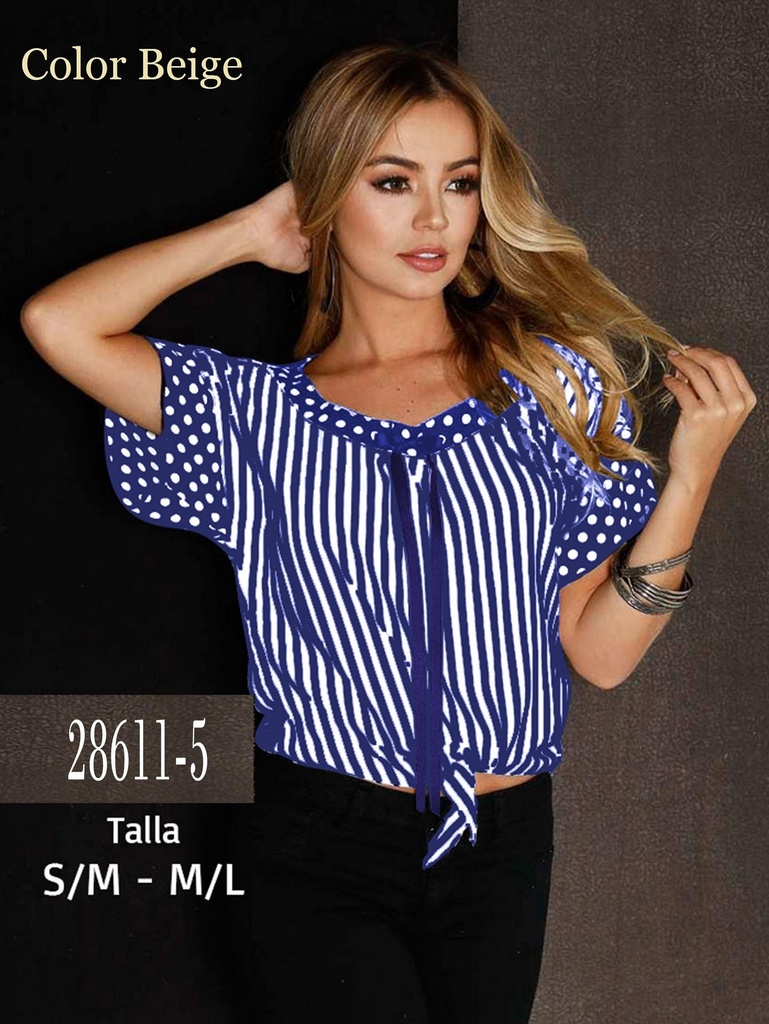 Women's Blue Striped Tie-Front Polka Dot Blouse 28611-5