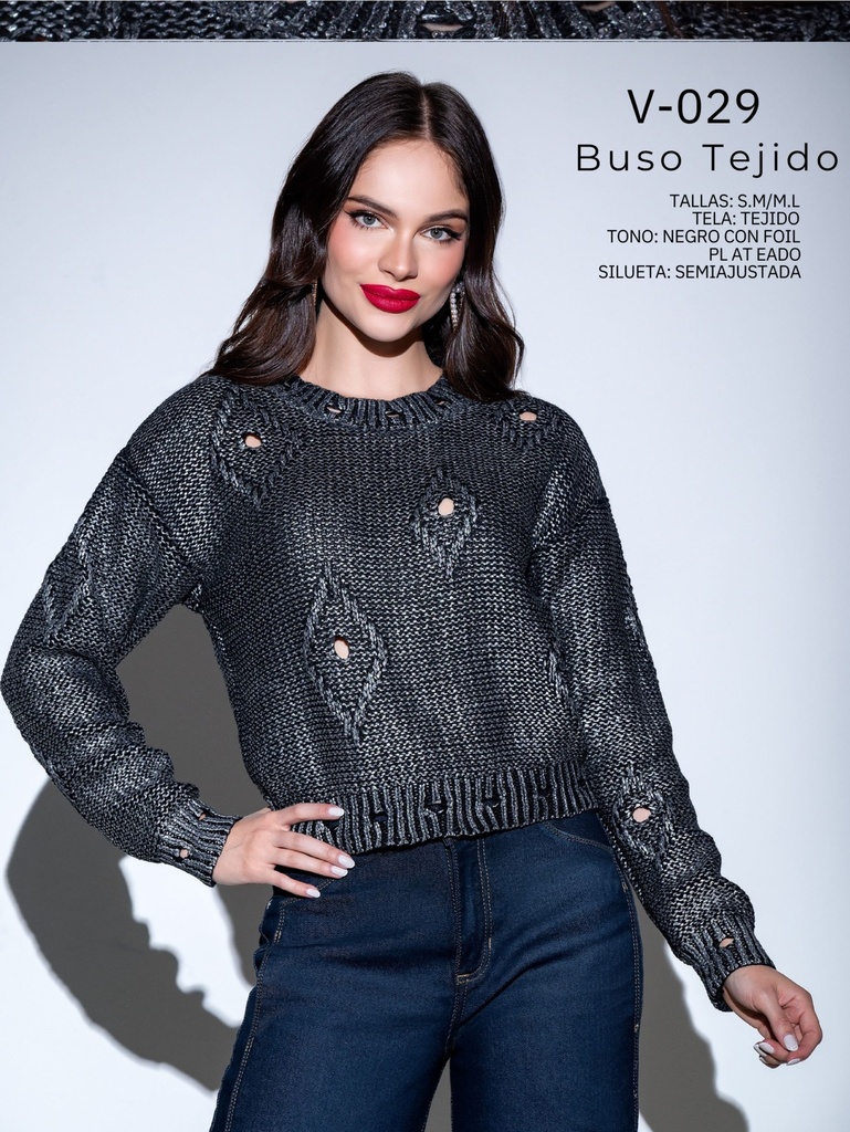[287V029S/M] Suéter V-029 Tejido Trenzado Gris Carbón para Mujer Distressed Crop (S/M)