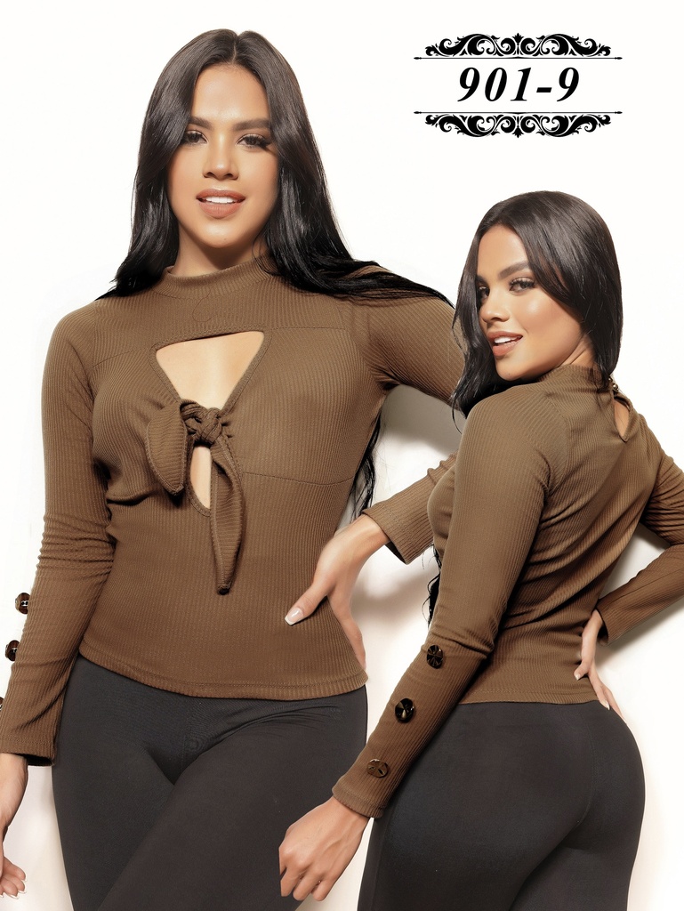 [3019019S] Blusa con Lazo y Abertura Manga Larga Café para Mujer 901-9 (S)