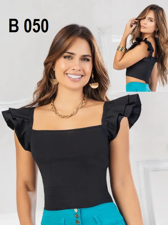 [312B050S] Blusa Escote Cuadrado con Volantes Negro para Mujer B050 (S)