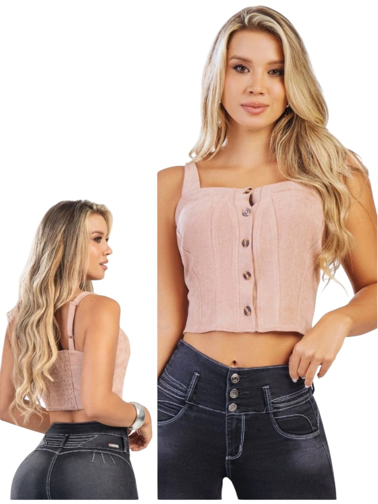 [312B075S] Women's Blush Pink Button-Front Crop Top B075 (S)