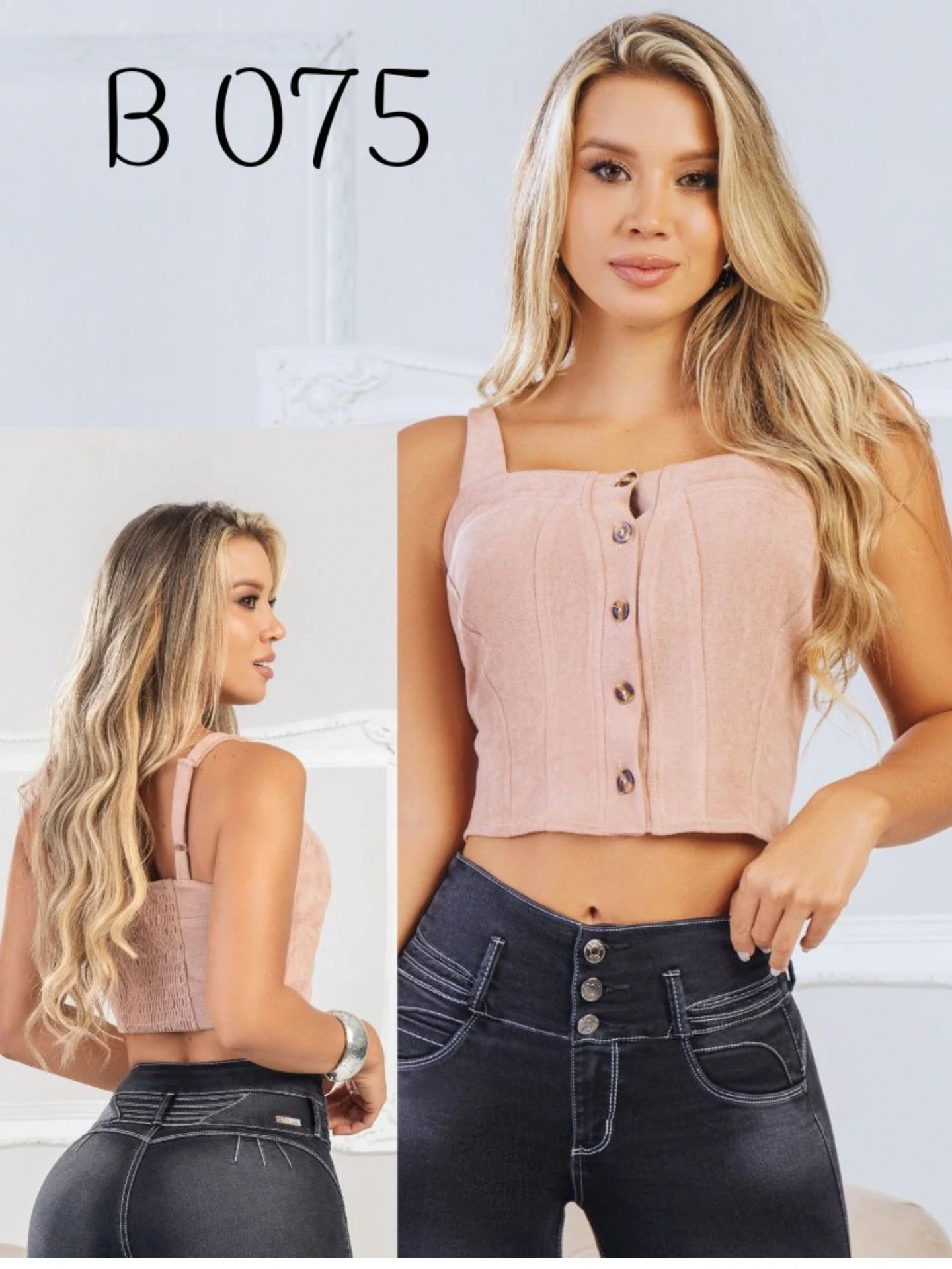 [312B075S] Women's Blush Pink Button-Front Crop Top B075 (S)