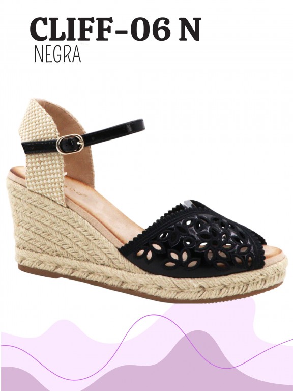 [316CLIFF06N9] Women's Black Cutout Espadrille Wedge Sandals Cliff-06 N (9)