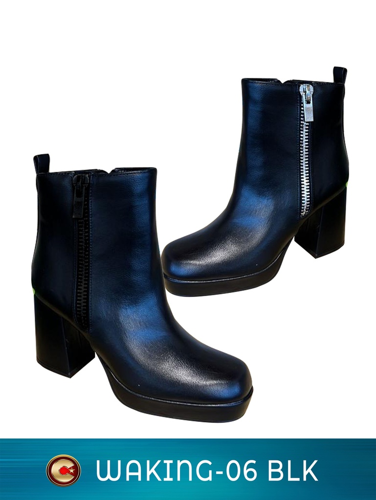 Women's Black Square Toe Block Heel Zip Ankle Boots Waking-06