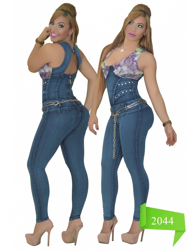 [1022044A01] Women's Teal Denim Sleeveless Belted Butt Lift Jumpsuit 2044