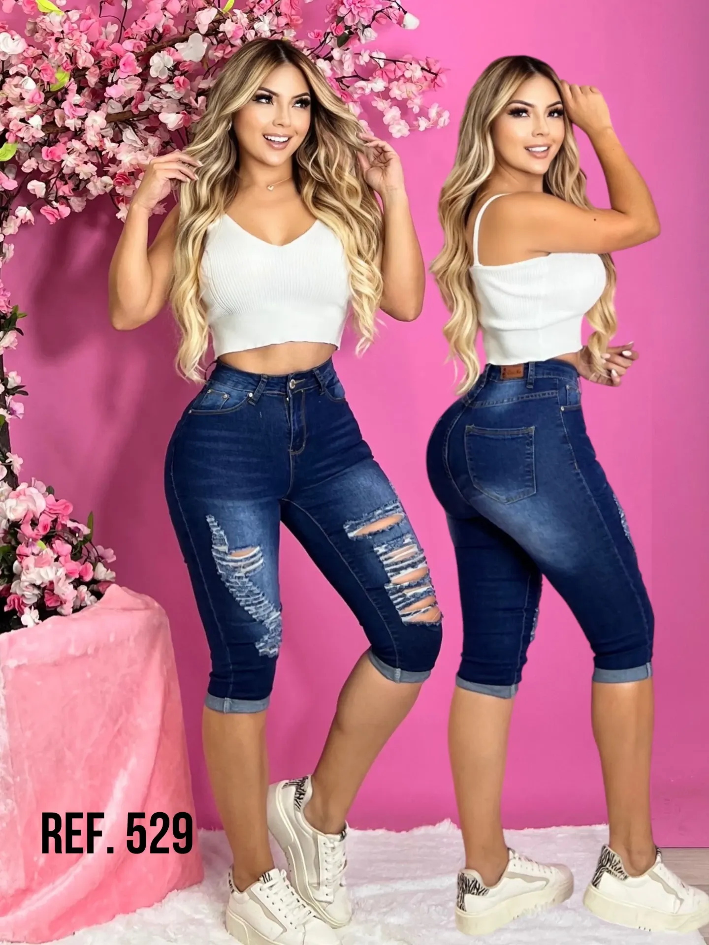 Jeans Capri Rotos Levantacola Lavado Oscuro Desgastado para Mujer 529