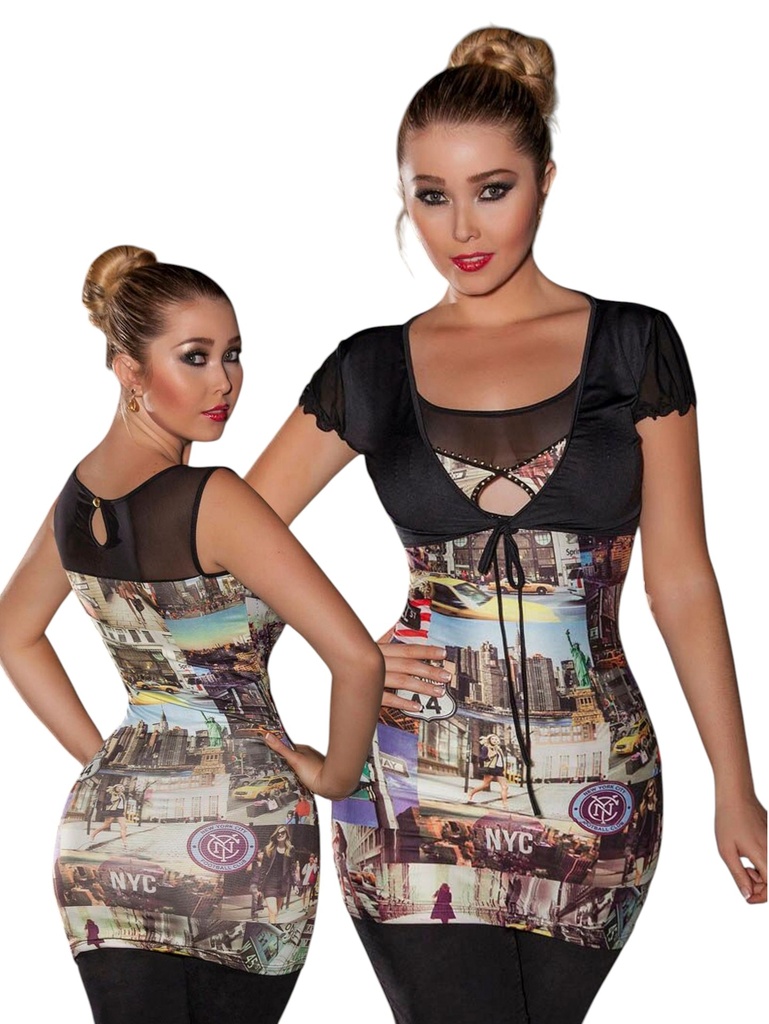 [11140422S] Women's Printed Contrast Sleeve Tunic Blouse 4042
