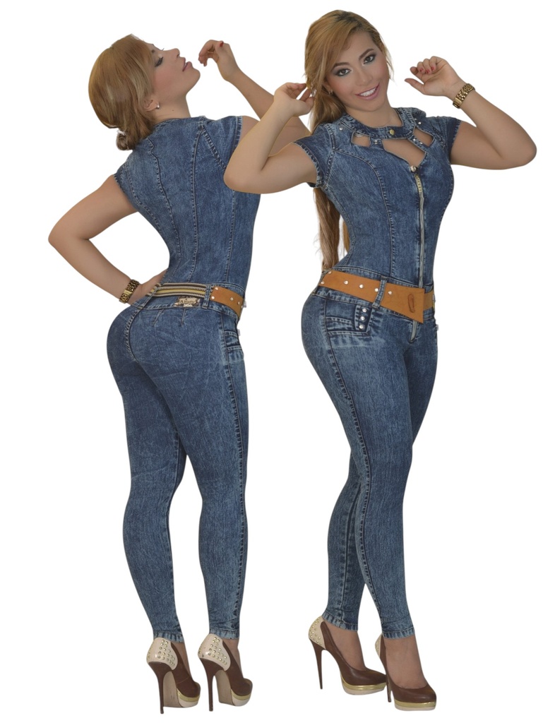 [102205201] Women's Denim Short Sleeve Belted Jumpsuit 2052