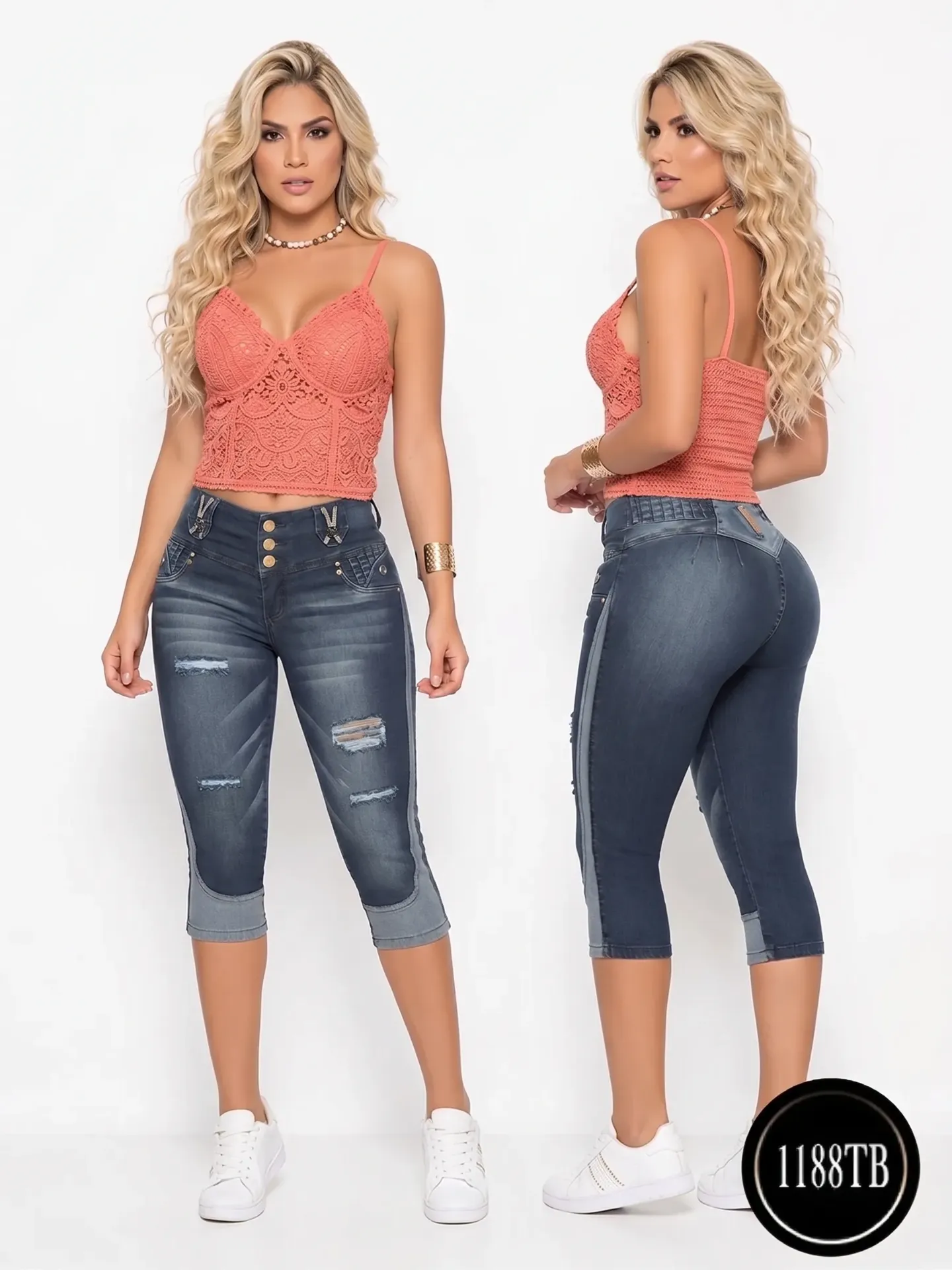 [1021188TB01] Women's Distressed Medium Wash Cuffed Butt-Lifting Capri Jeans – Thaxx Boutique