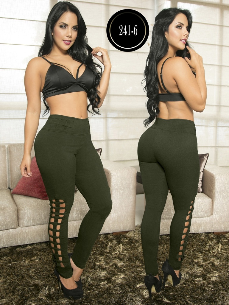 Pantalón Cómodo Verde Oliva con Cordones Laterales para Mujer – Thaxx Skinny Tiro Alto