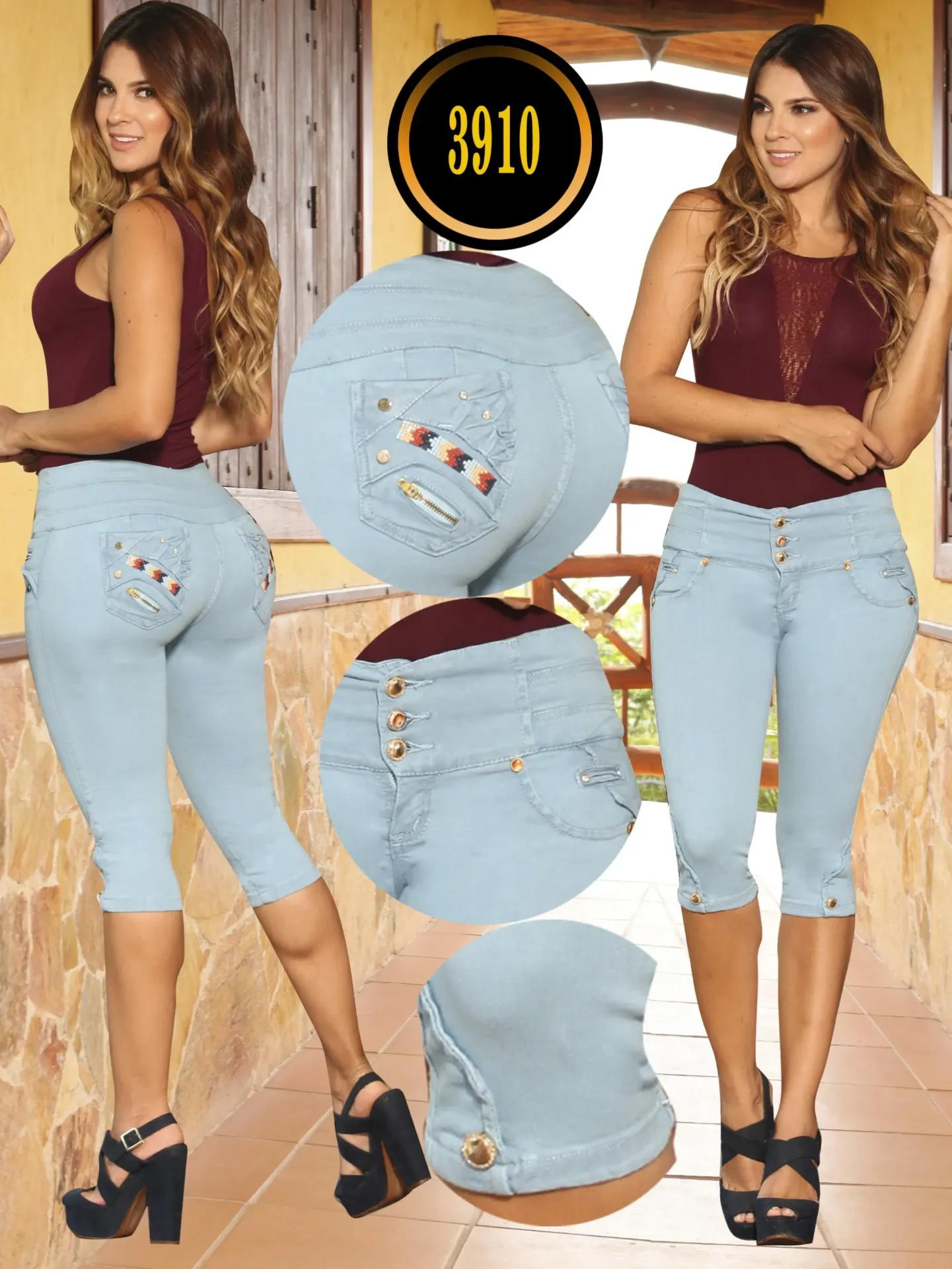 Women's Ice Blue Butt-Lifting Capri Jeans with Button Pockets – Cokette