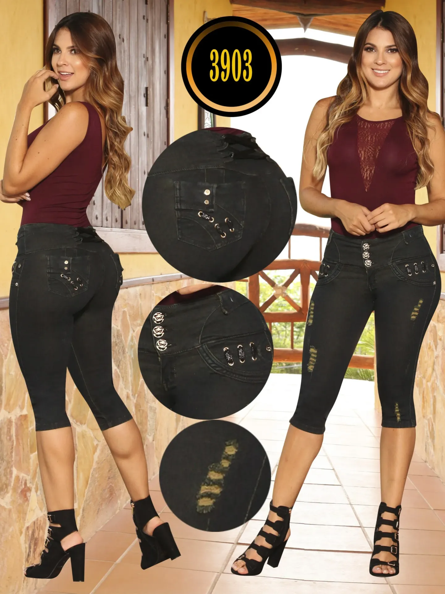 [502390301] Capri Jean Levantacola Negro con Bolsillos de Botones Dorados – Cokette