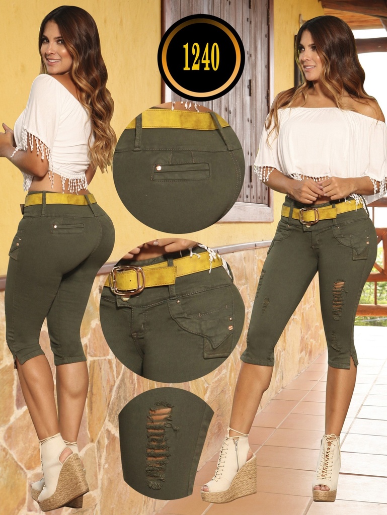 Women's Olive Green Butt-Lifting Capri Pants with Distressed Pocket Detail – Thaxx Boutique