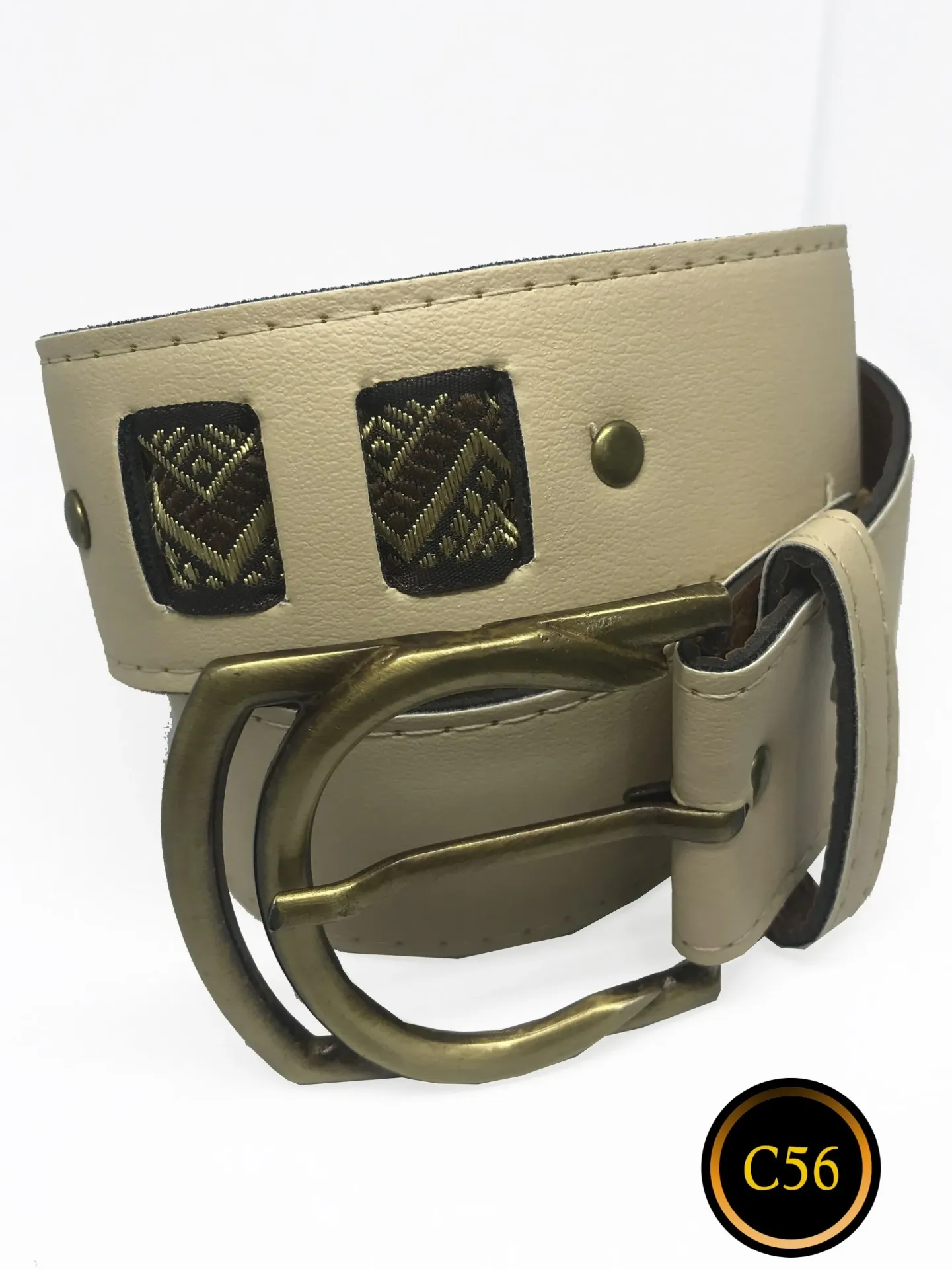 Cinturón de Cuero Beige con Taches y Hebilla Dorada Antigua para Mujer – C56