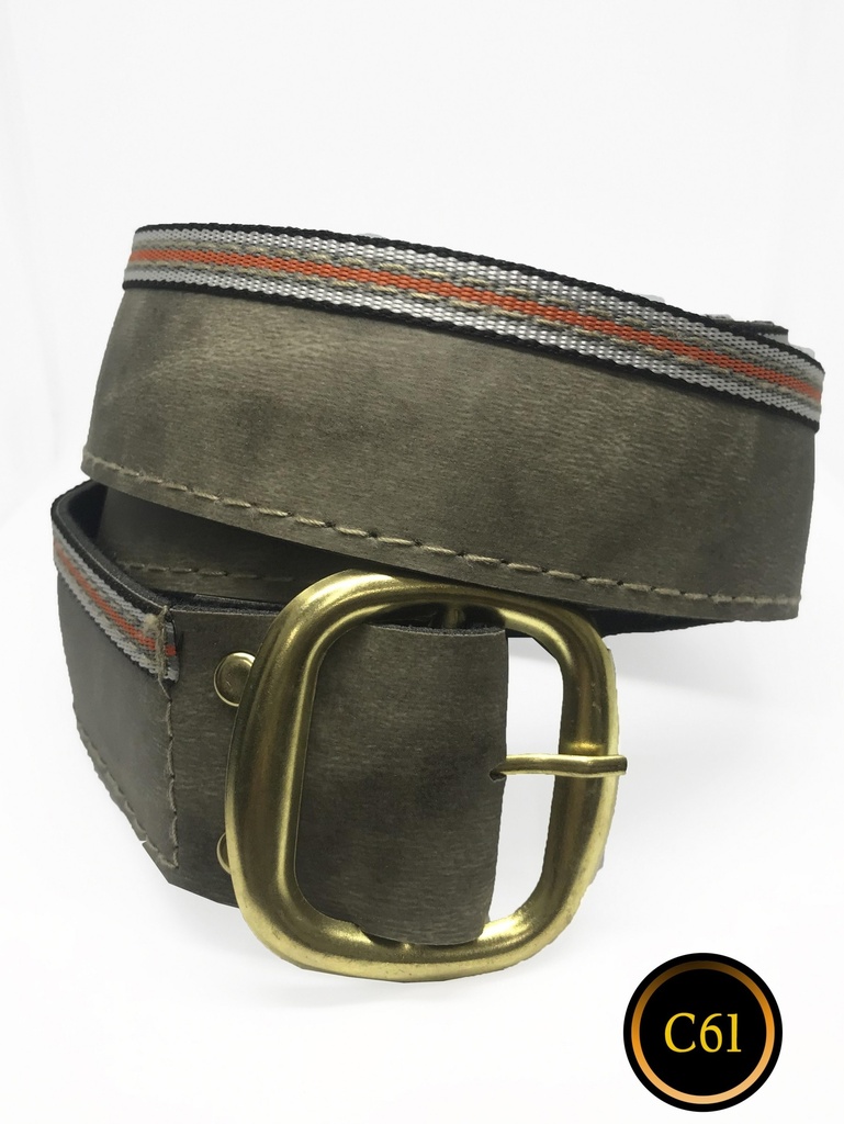 [258C61] Women's Olive Green Distressed Leather Belt with Brass Buckle – C61