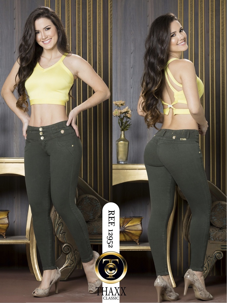 [20012952TC05] Jeans Skinny Levantacola Tiro Alto Verde Oliva para Mujer