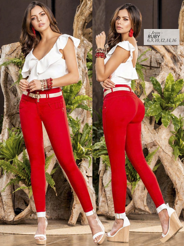 Jeans Levantacola Skinny Rojos de Tiro Alto