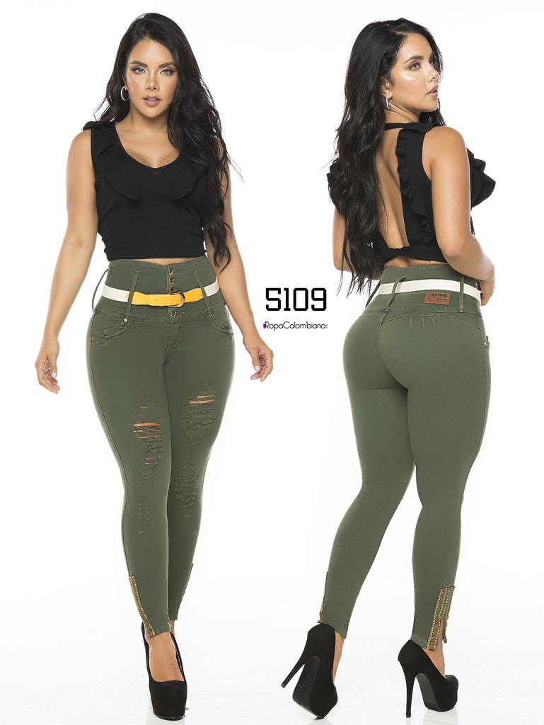 Jeans Levantacola Skinny Verde Oliva Rasgados
