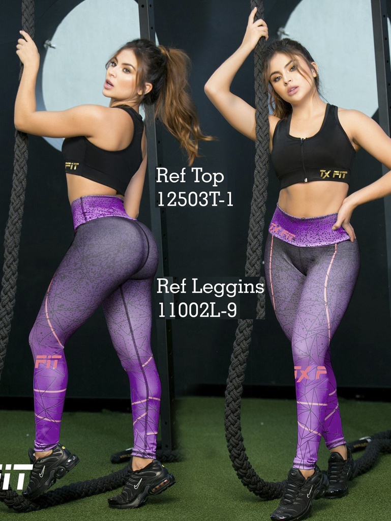 Conjunto Deportivo Thaxx Morado Estampado – Top y Leggings Tiro Alto para Mujer