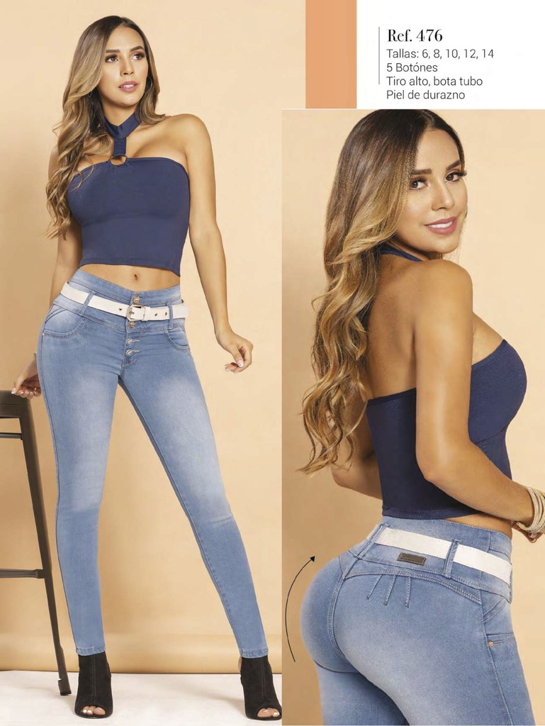 [29047601] Jeans Levantacola Skinny Azul Medio Desteñido con Efecto Bigotes