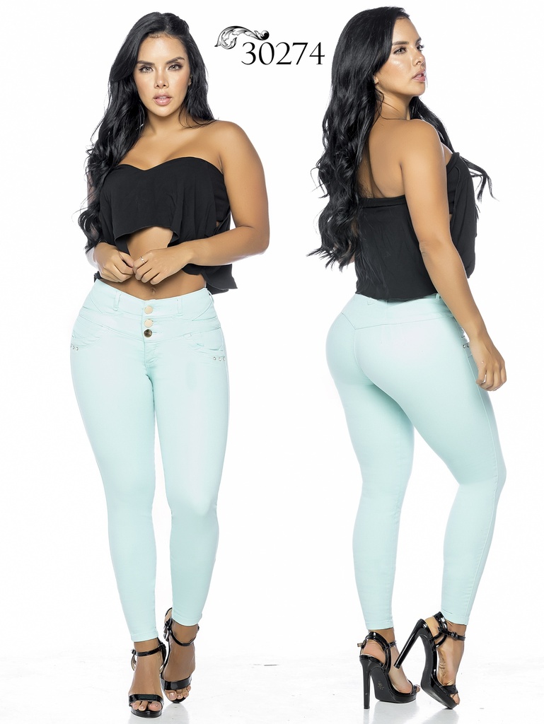 [25330274TE05] Jeans Skinny Levantacola Verde Menta para Mujer 30274