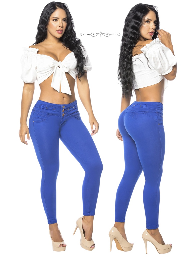 [25330307TE01] Women's Royal Blue High-Rise Butt-Lifting Skinny Jeans with Waist Button