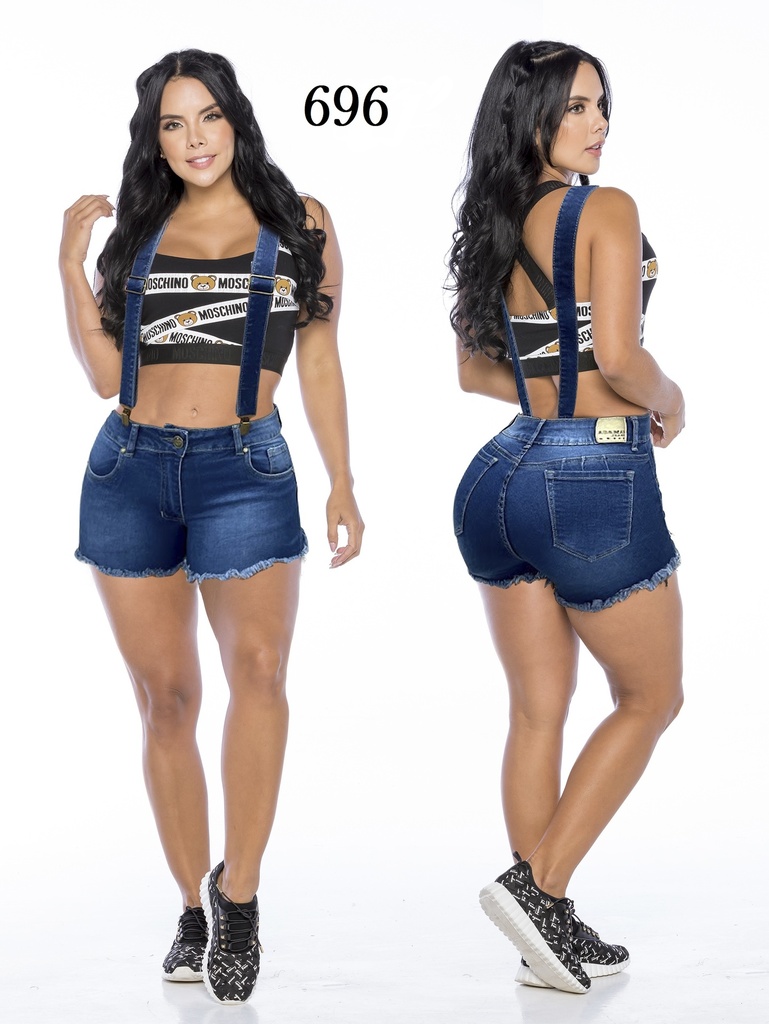 Short de Jean Azul Tiro Alto con Tirantes para Mujer