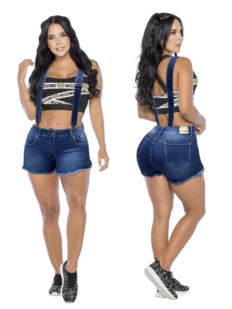 [302696A05] Women's Blue Denim High-Rise Shorts with Suspenders