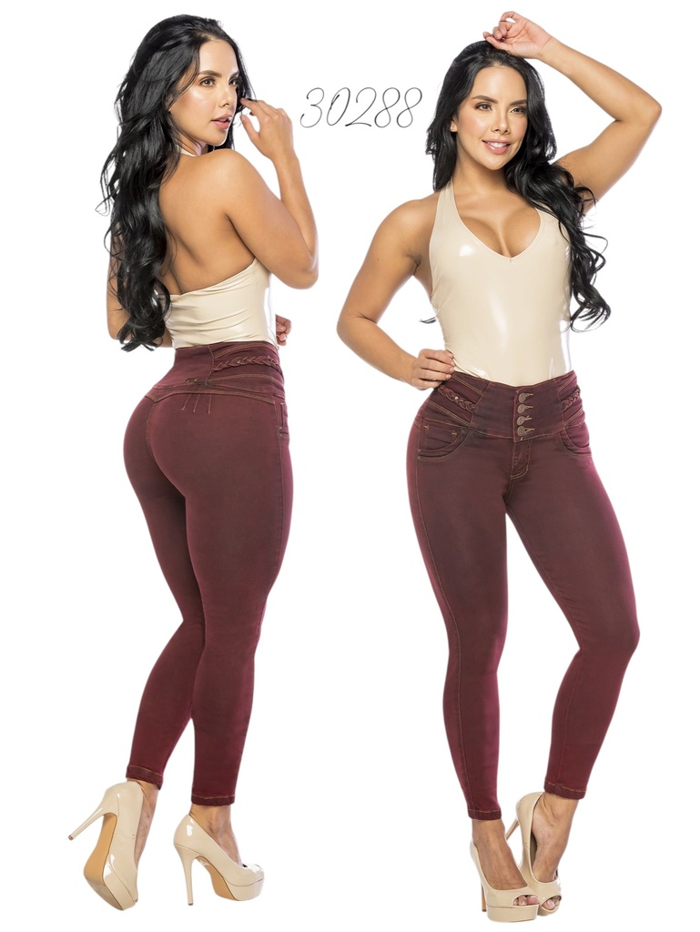 [25330288TE01] Women's Burgundy High-Rise Butt-Lifting Skinny Jeans