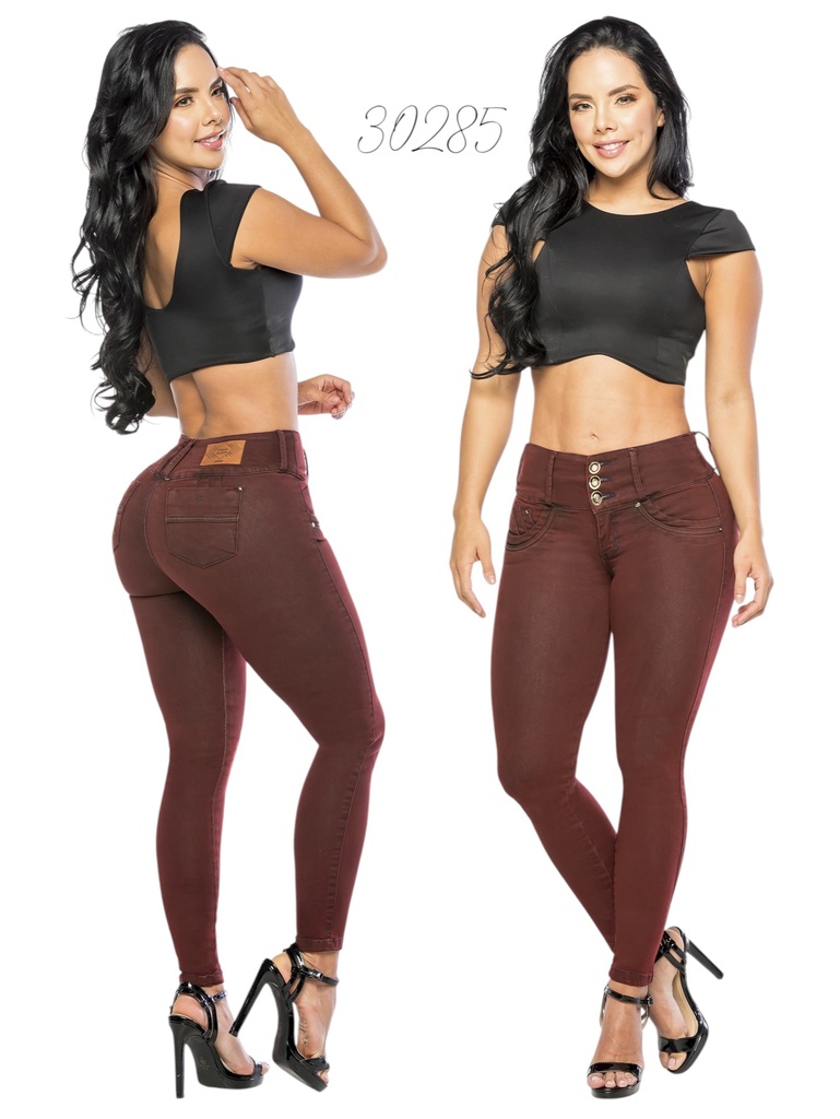 [25330285TE01] Women's Wine Red Butt-Lifting Skinny Jeans with Button Front