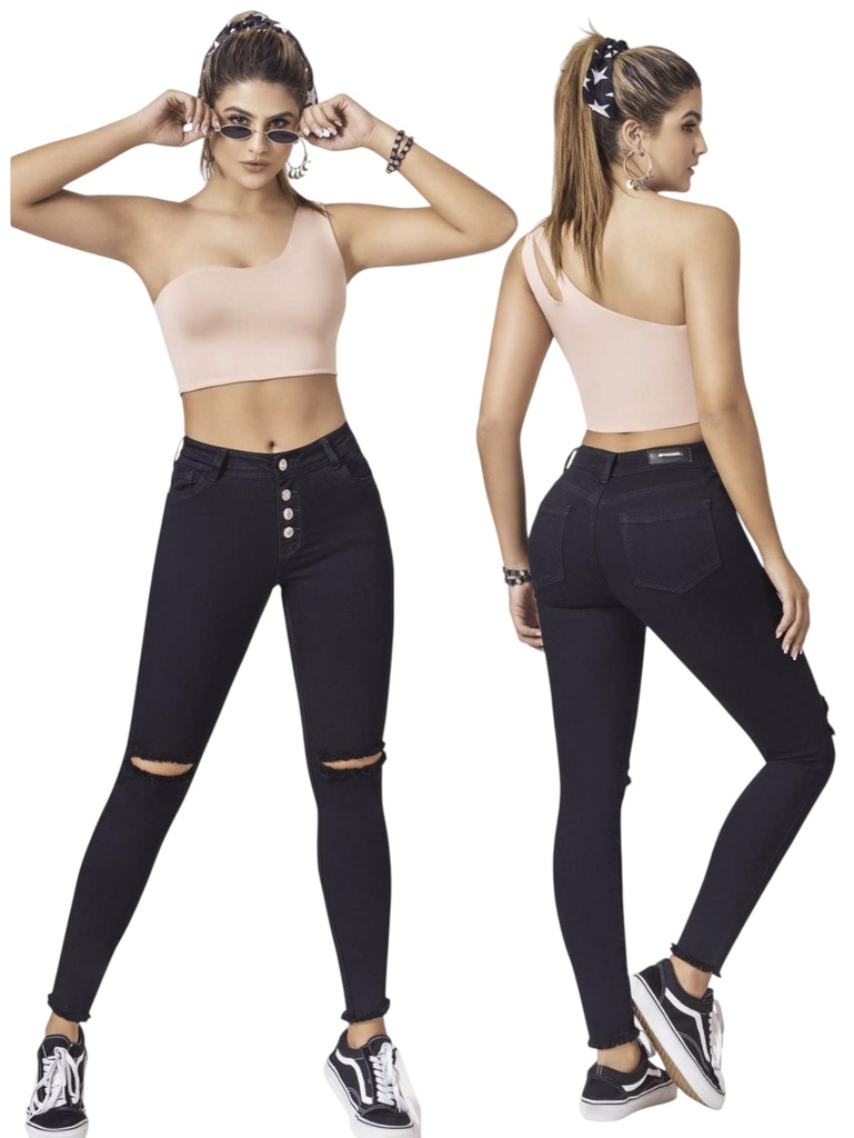 [289ARYZ07] Women's Black Ripped-Knee Butt-Lifting Skinny Jeans with Button Fly