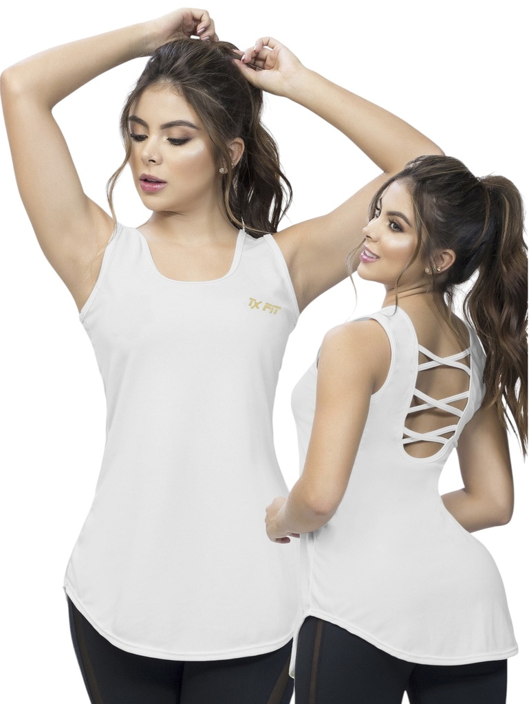 [107150072S] Camiseta Deportiva Thaxx Blanca con Espalda Entrelazada para Mujer