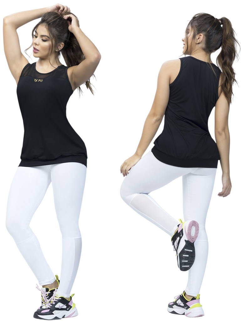 [10711036L2S] Conjunto Deportivo Thaxx Negro y Blanco – Camiseta y Leggings para Mujer (S)