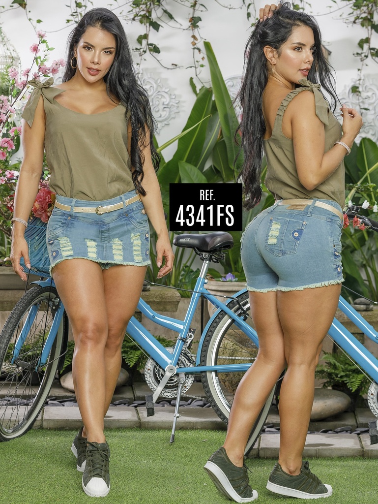 Women's Light Wash Pleated Frayed-Hem Butt-Lifting Denim Skort