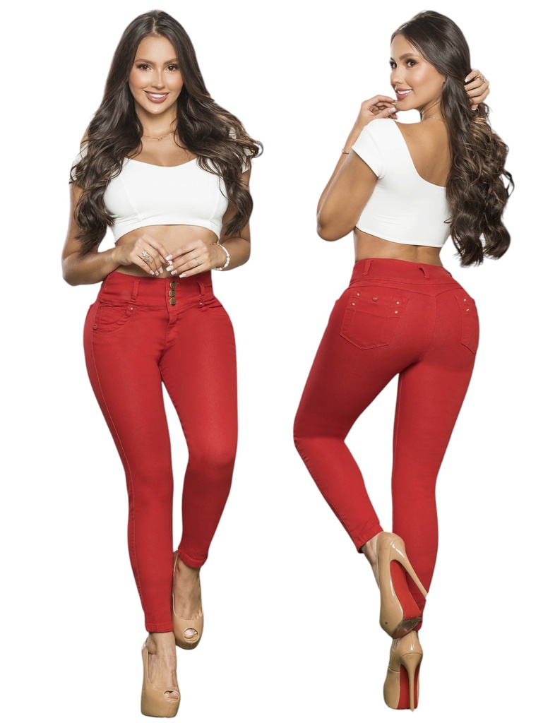 [25330371TE03] Women's Bright Red Butt-Lifting Skinny Jeans with Three-Button Waist