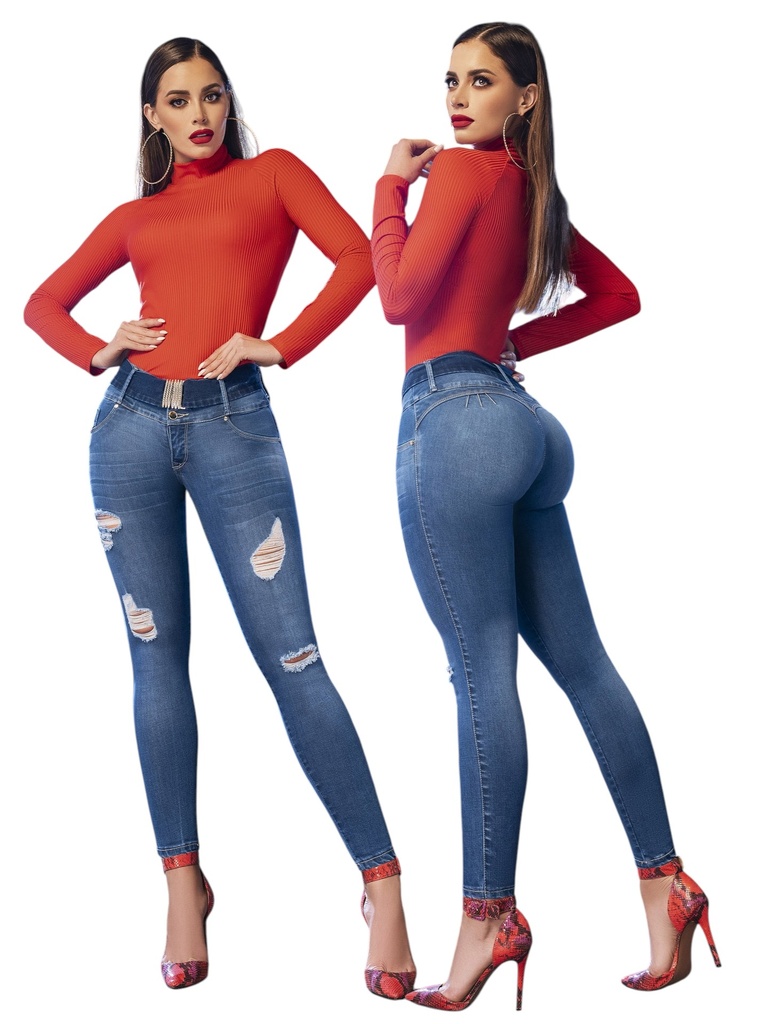 [3320114X03] Women's Medium Blue Butt-Lifting Skinny Jeans with Ripped Knees