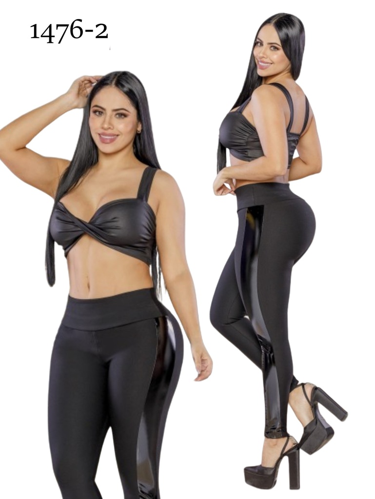 [3311476203] Leggings Efecto Cuero con Panel Lateral Negro para Mujer 1476-2