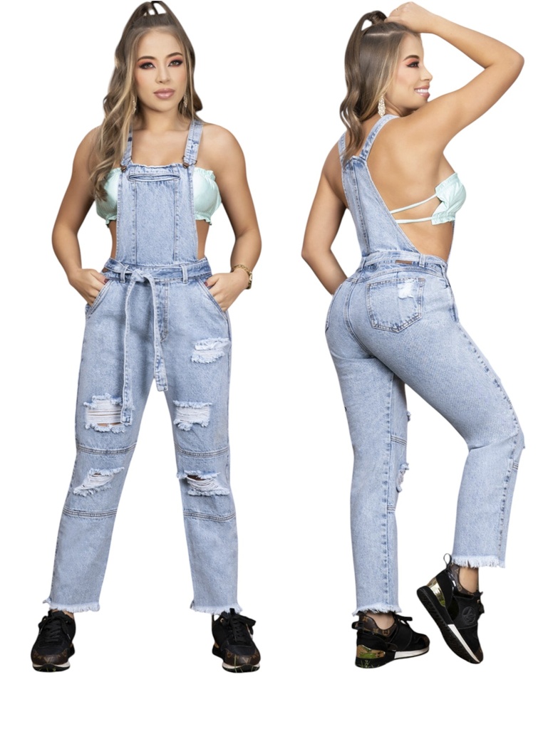 [29060901] Women's Light Wash Distressed Denim Overalls with Tie Waist