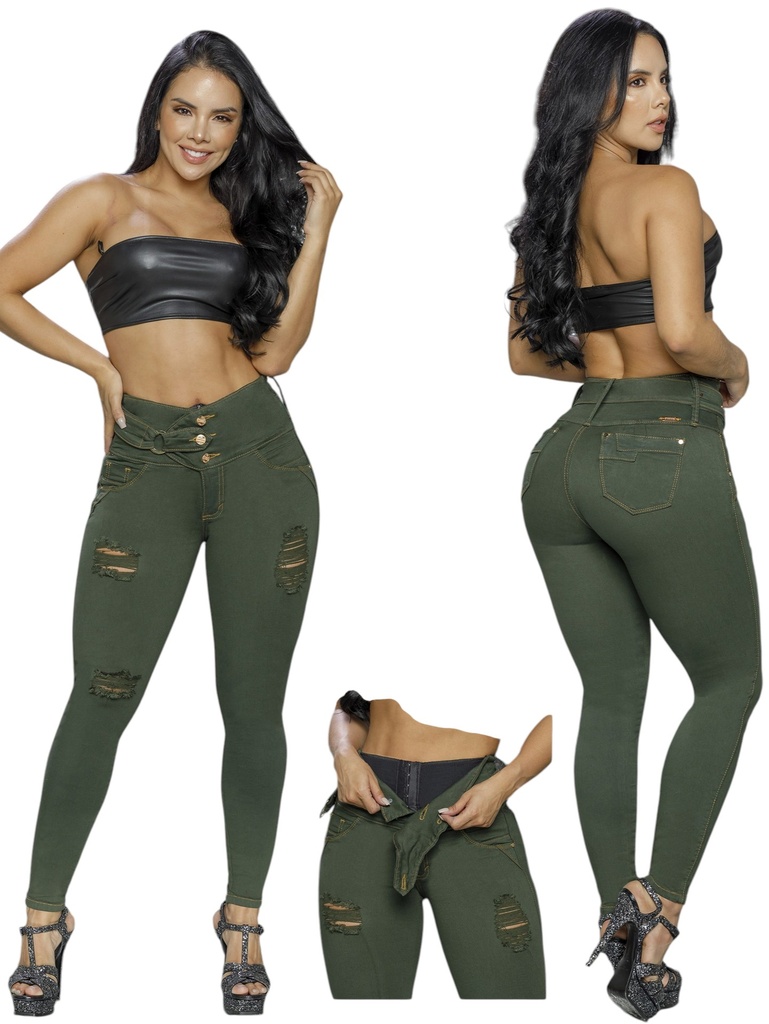 [2675226S03] Women's Olive Green Distressed Butt-Lifting Skinny Jeans with Built-In Girdle