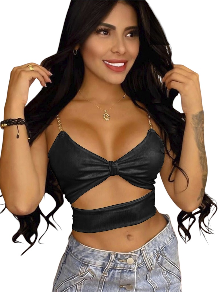 [27610431] Women's Black Faux-Leather Twist-Front Crop Top – Style 1043-1
