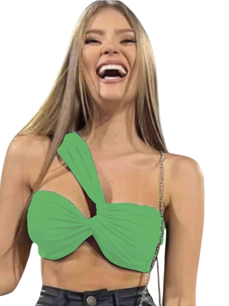 [27610448] Top Corto Verde de un Hombro con Nudo