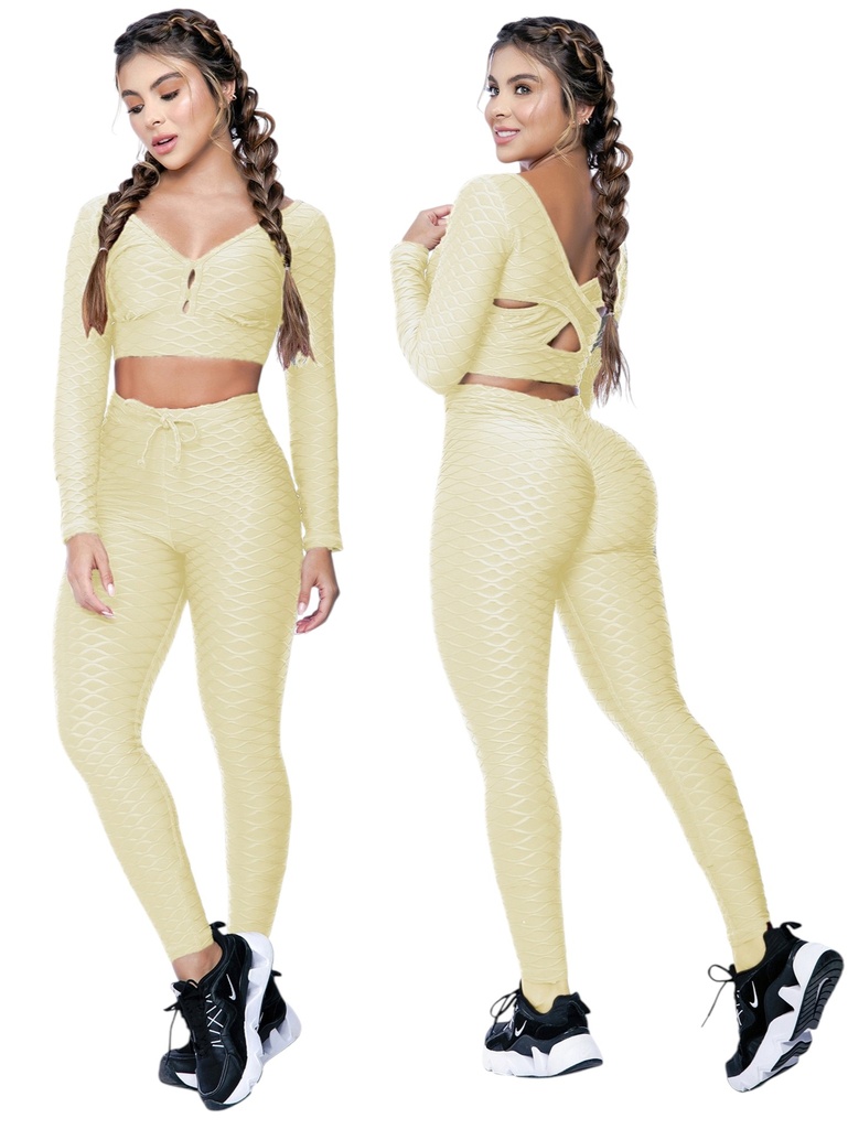 [1071104114M] Conjunto Deportivo Thaxx Marfil – Top Corto Manga Larga y Leggings para Mujer