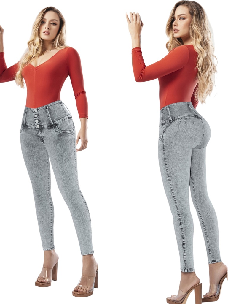 [2711195K03] Jeans Levantacola Skinny Gris Claro Efecto Ácido con Faja Interna